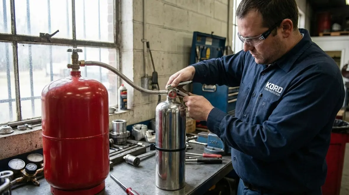 Close-up of fire extinguisher gauge during inspection