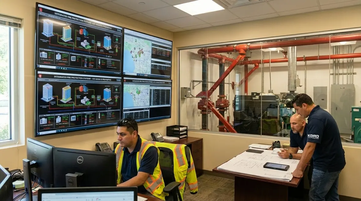 Fire alarm, sprinkler, and smoke control equipment integrated in a Los Angeles mechanical room