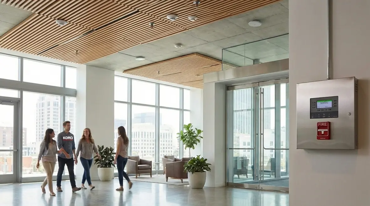 Technicians reviewing integrated fire protection plans for a Los Angeles high rise