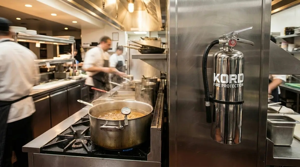 Chef working near a Class K fire extinguisher in a commercial kitchen
