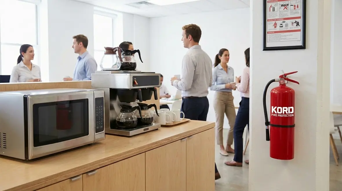Line of commercial fryers with a nearby K class extinguisher