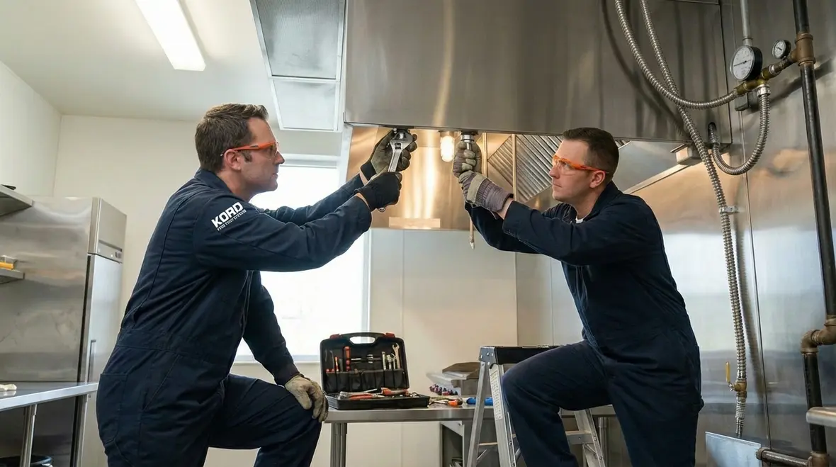 Technician inspecting Anaheim restaurant kitchen hood suppression nozzles