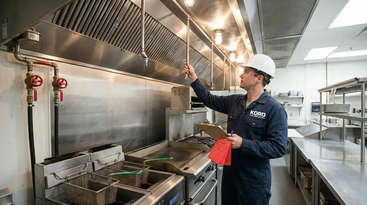 Wet chemical kitchen hood fire suppression discharge over fryer line