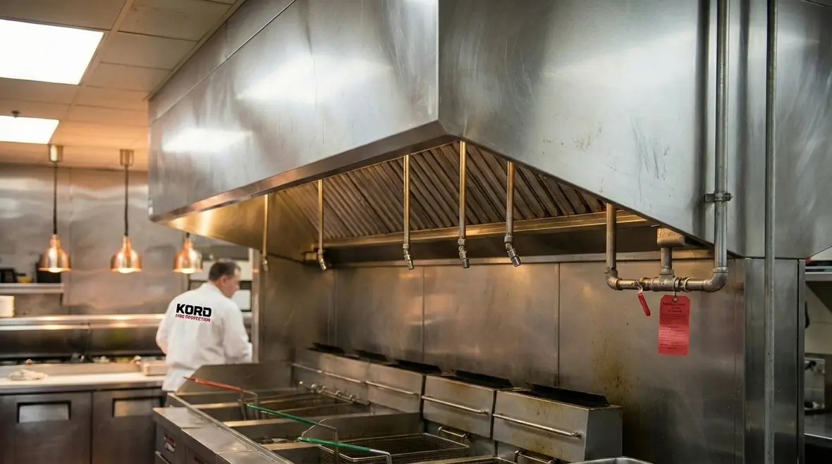 Technician inspecting a commercial kitchen UL 300 fire suppression system