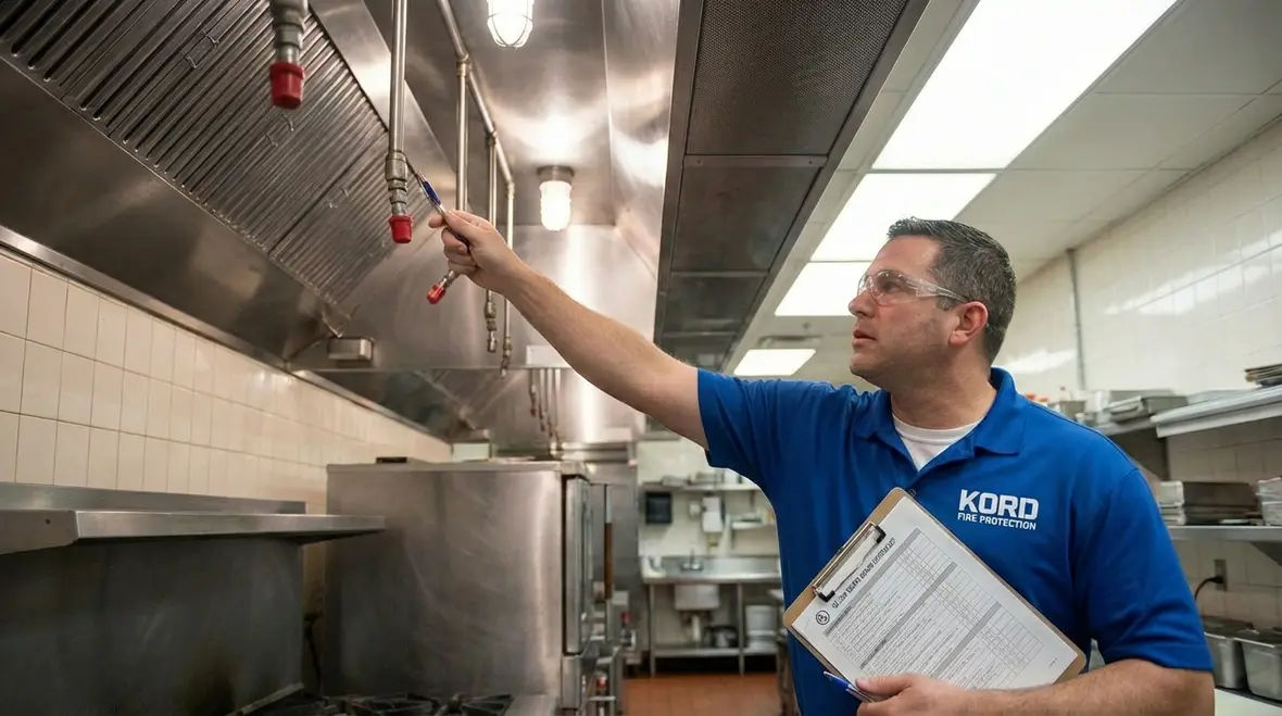 Inspector evaluating commercial kitchen fire suppression for UL 300 compliance