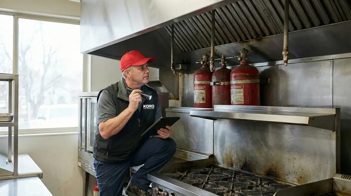Technician reviewing UL 300 upgrade checklist items in a restaurant kitchen