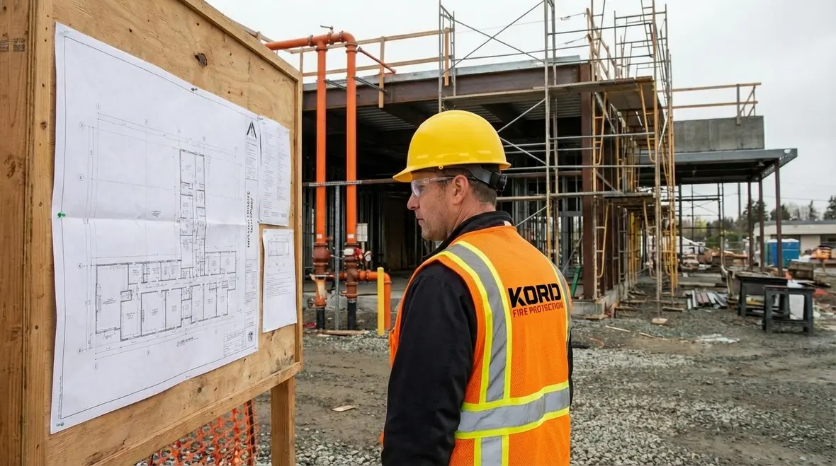 Engineer reviewing Los Angeles fire sprinkler design, alarms, and seismic bracing