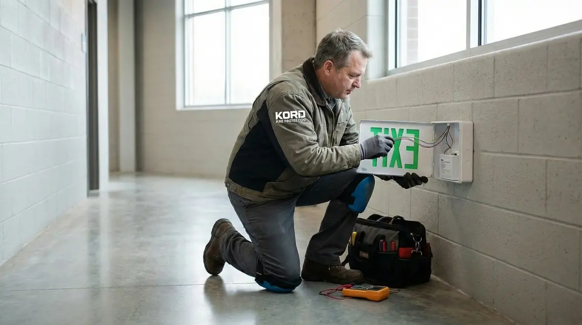 Technician performing battery test on LED exit sign