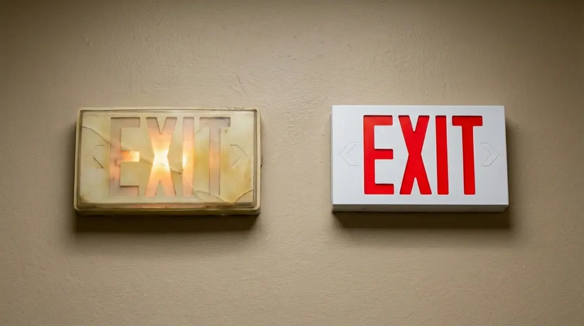 LED exit signs illuminating a clear egress path