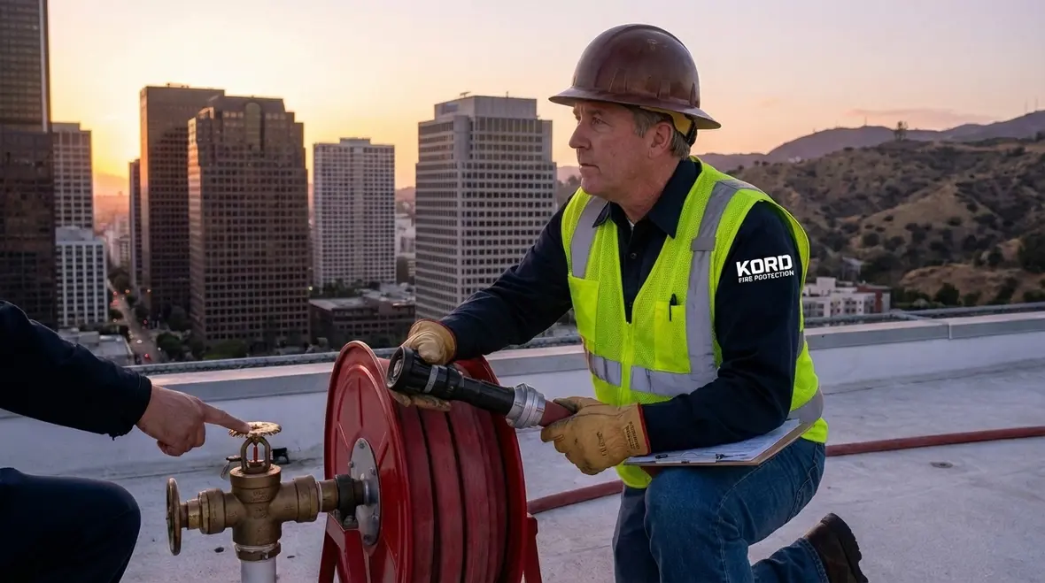 Technician performing fire system inspection in Los Angeles building