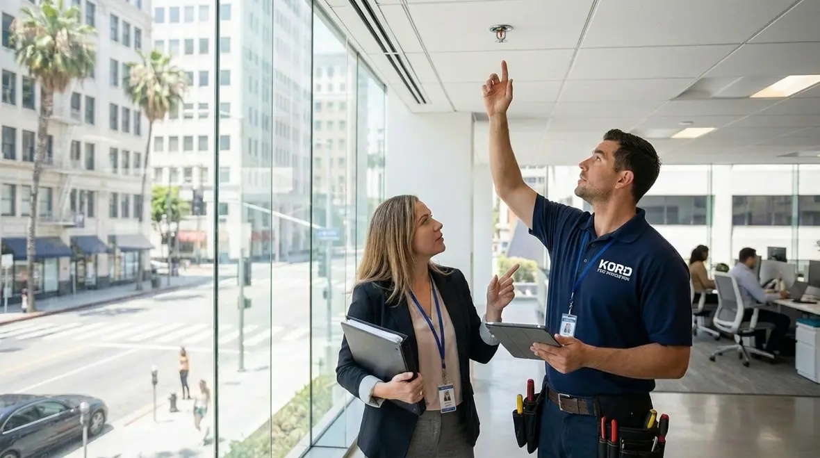 Technician performing fire sprinkler inspection in a Los Angeles commercial building