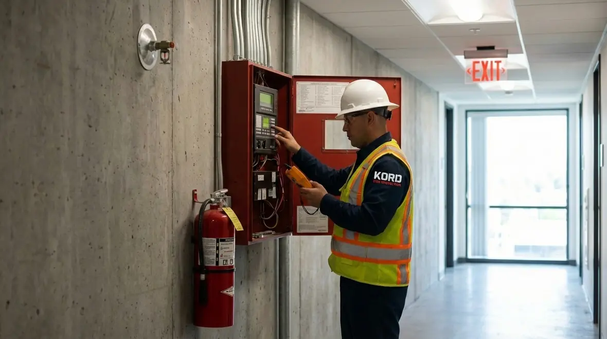 Los Angeles fire inspector reviewing commercial building fire protection plan