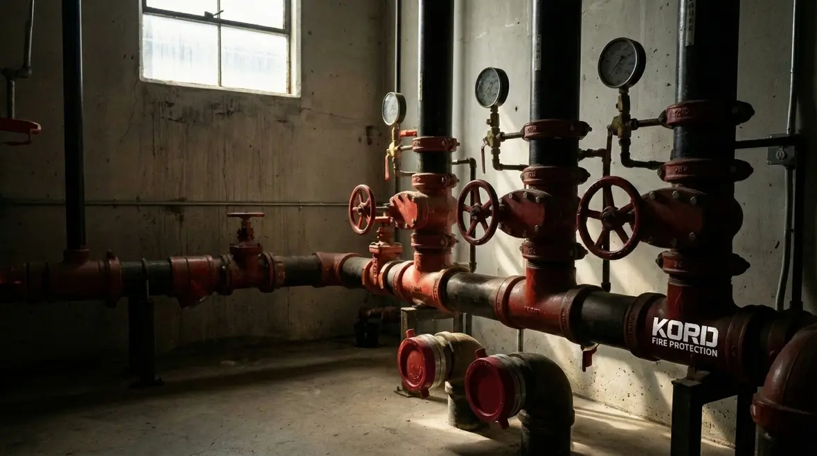 Technician testing fire alarm and sprinkler systems in Los Angeles commercial building