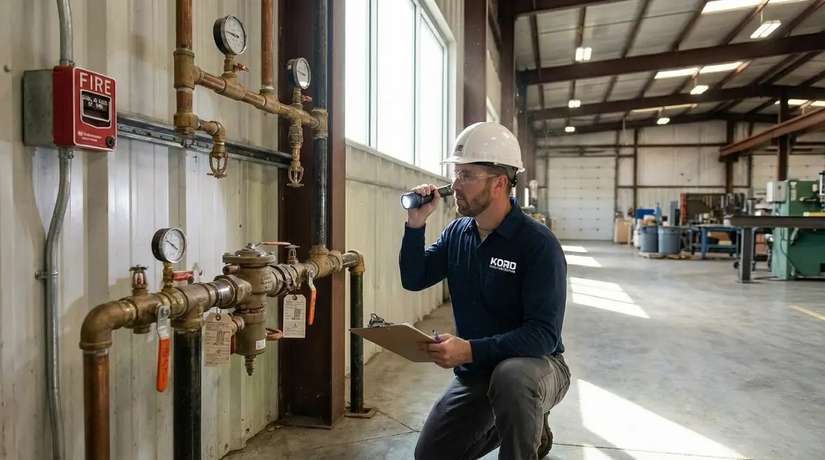 Fire protection specialist reviewing code compliance requirements in a Los Angeles industrial building