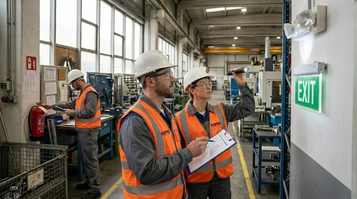 Inspector reviewing fire protection systems inside a Los Angeles industrial facility