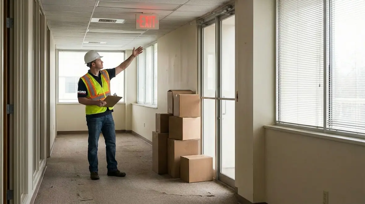 Marked exit corridor in Los Angeles commercial building