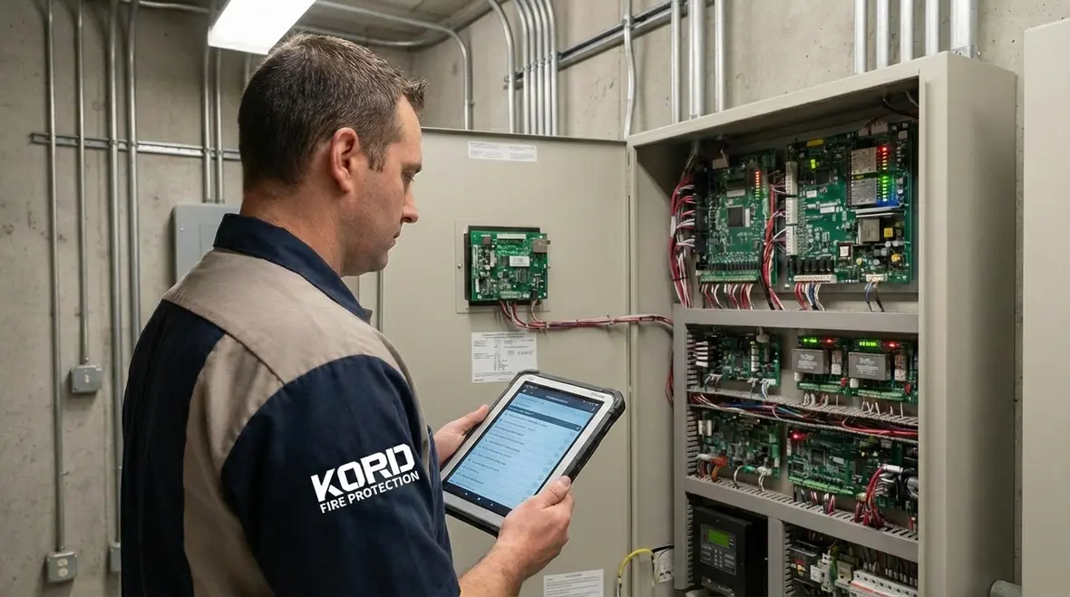 Inspector checking sprinkler valves and gauges in a Los Angeles building