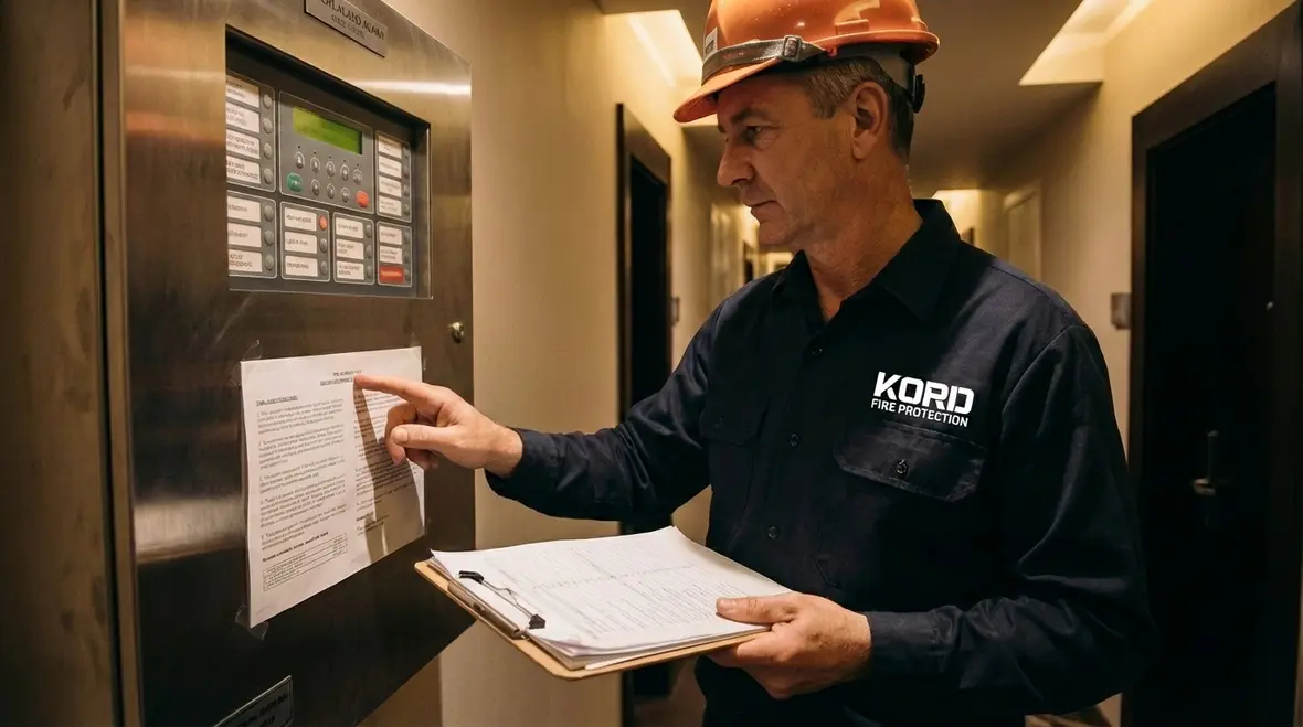 Hotel lobby with monitored fire alarm system panel