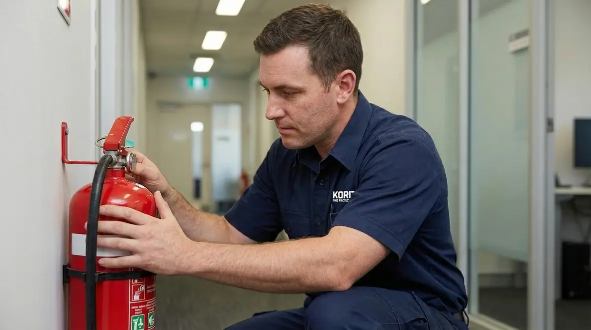 Technician inspecting fire extinguisher pressure gauge and labeling