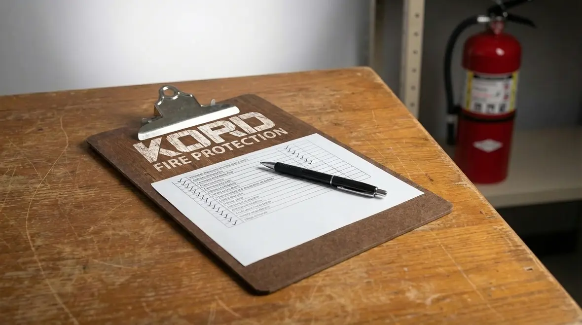 Fire extinguisher inspection checklist and documentation on clipboard