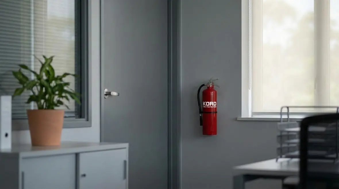 Business owner reviewing annual fire extinguisher inspection checklist with technician
