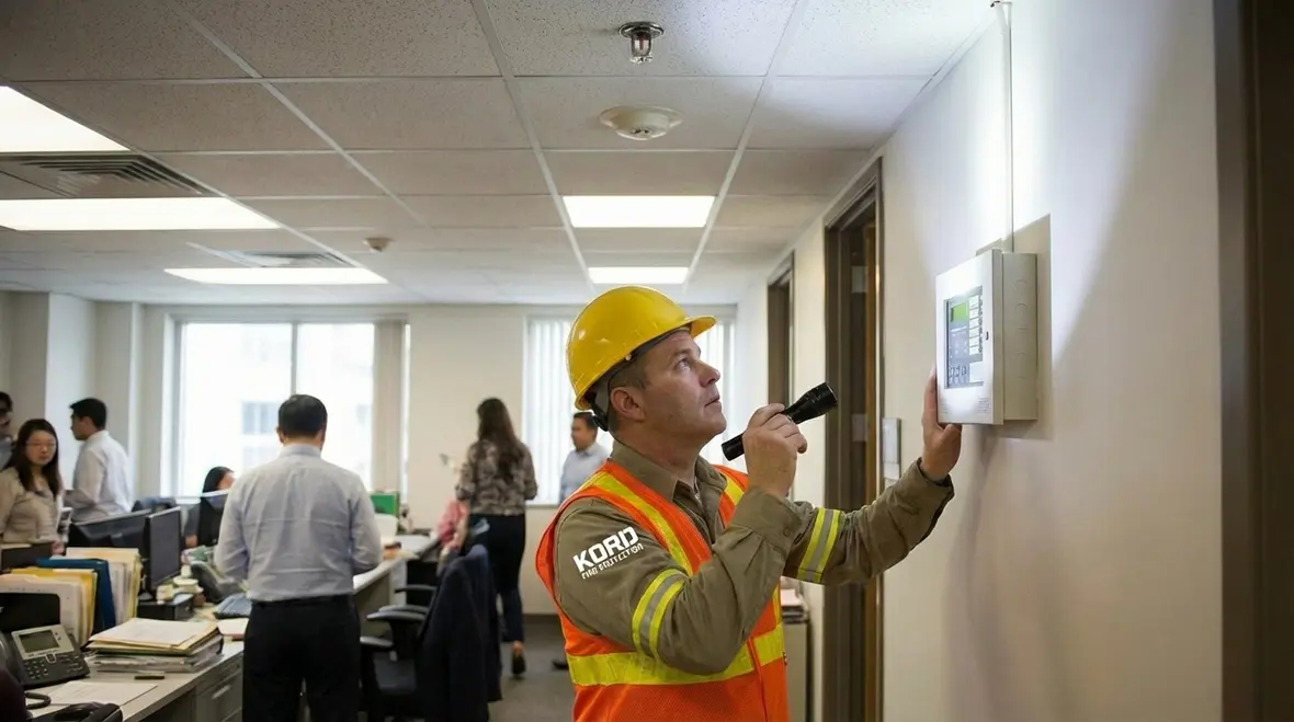 Los Angeles fire inspector reviewing fire alarm panel and logs