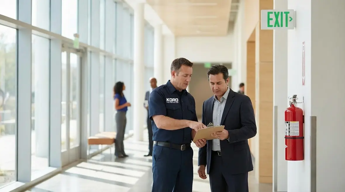 Fire inspector checking Los Angeles building for common fire code violations