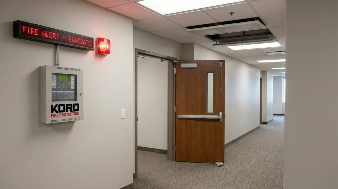 Technicians reviewing commercial building fire safety systems layout