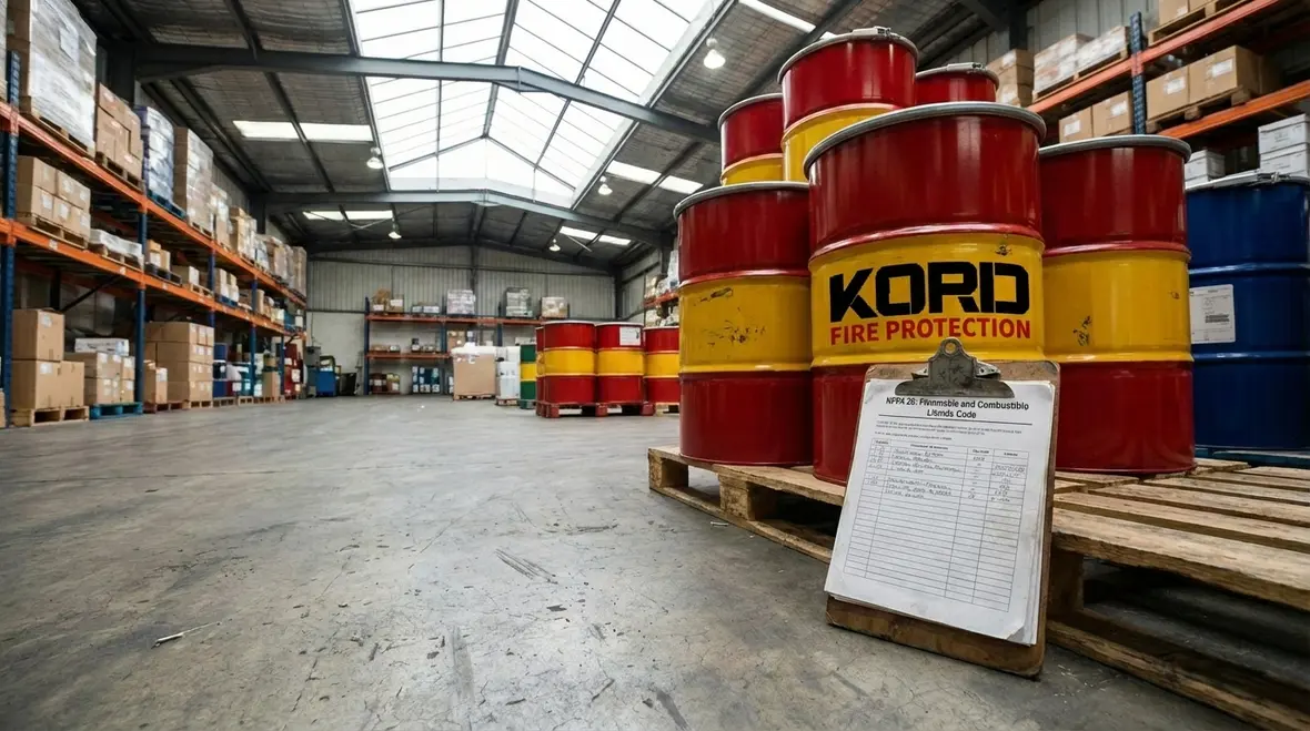 Technician reviewing NFPA 30 flammable and combustible liquid storage