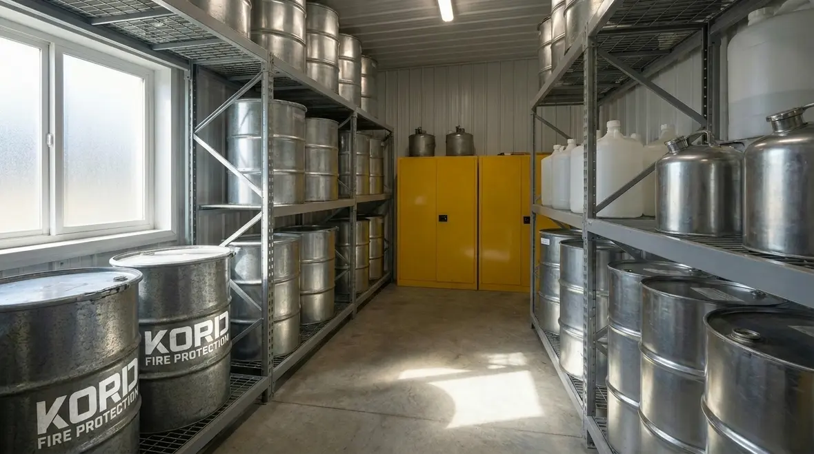 Technician reviewing NFPA 30 flammable and combustible liquids requirements inside a facility