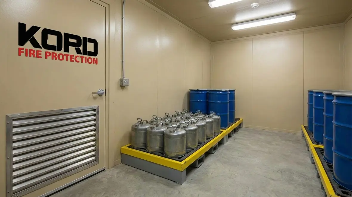 Improper and proper NFPA 30 flammable liquid storage compared side by side