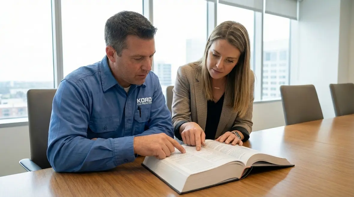 Technician reviewing NFPA codes for commercial building compliance