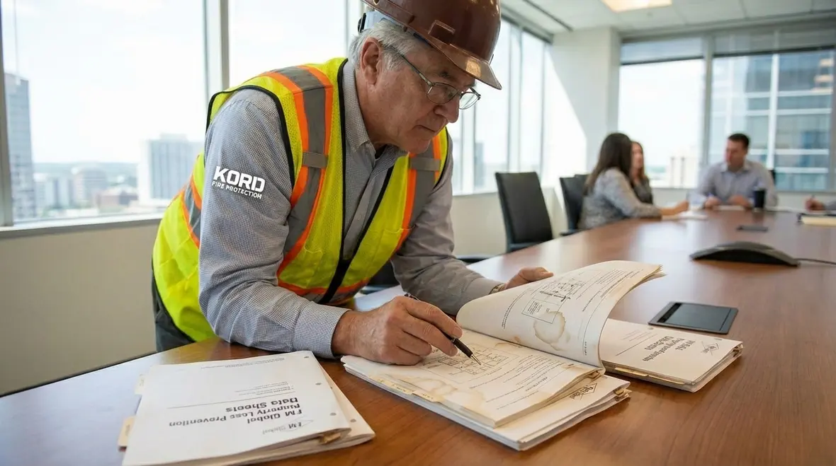 Engineer reviewing FM Global fire protection data sheets during system design