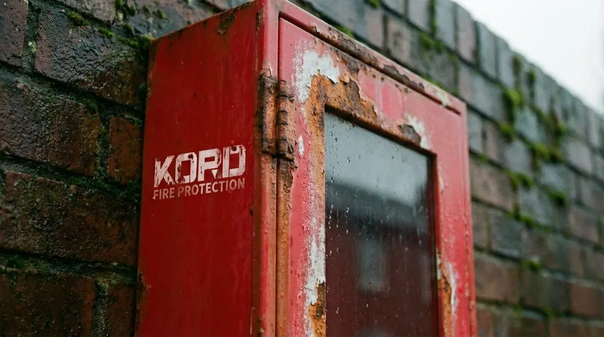 Outdoor fire extinguisher cabinet exposed to harsh coastal weather