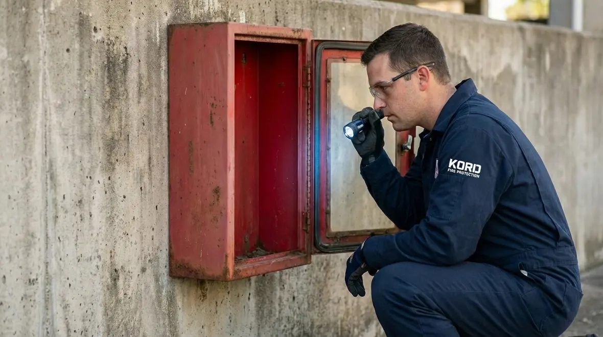 Close up of outdoor extinguisher cabinet hinges, gaskets, and weather protection details