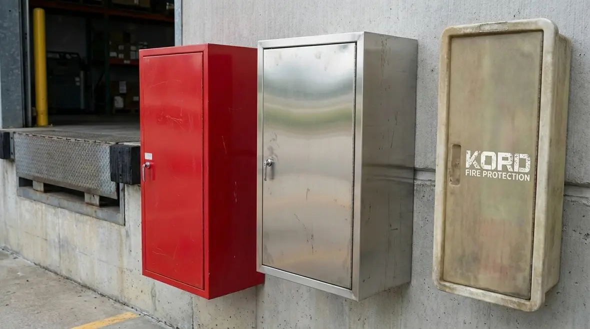 Different outdoor fire extinguisher cabinet materials including steel, stainless steel, and fiberglass