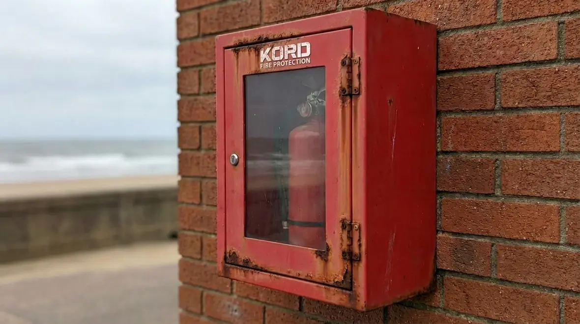 Outdoor fire extinguisher cabinet with visible corrosion on metal surfaces