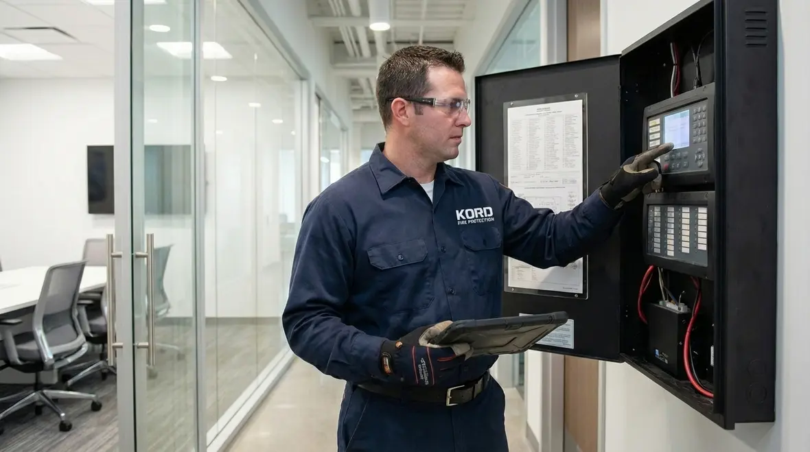 Technician reviewing Simi Valley fire code requirements on site