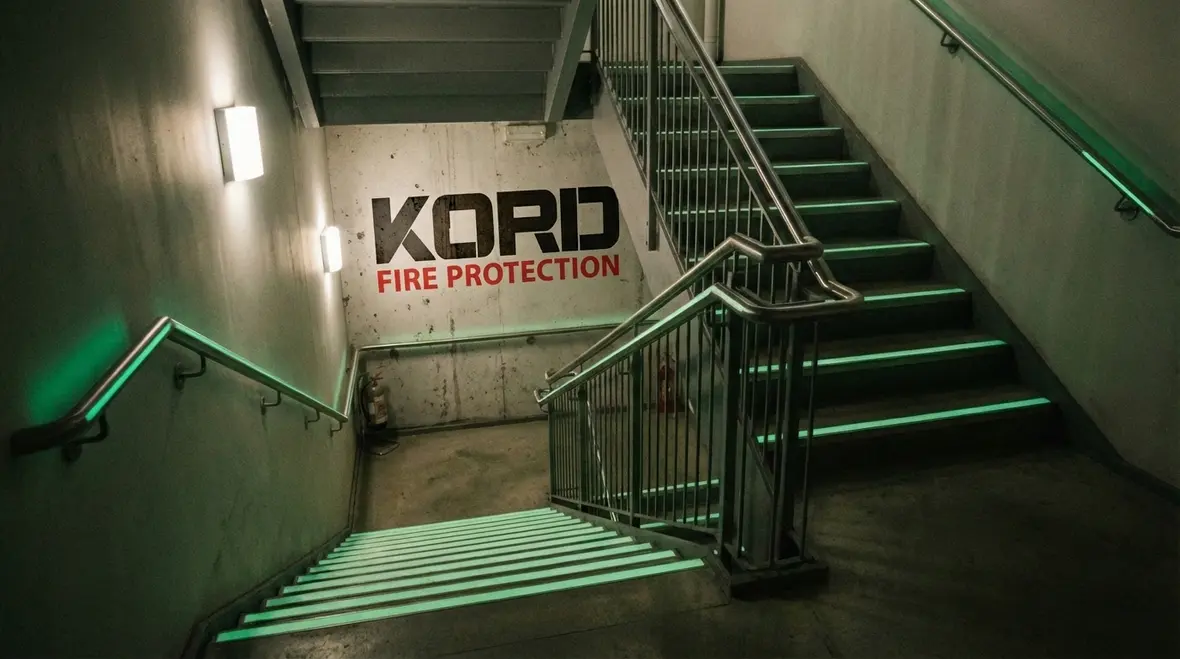 Stairwell illuminated by photoluminescent egress path markings during a power outage
