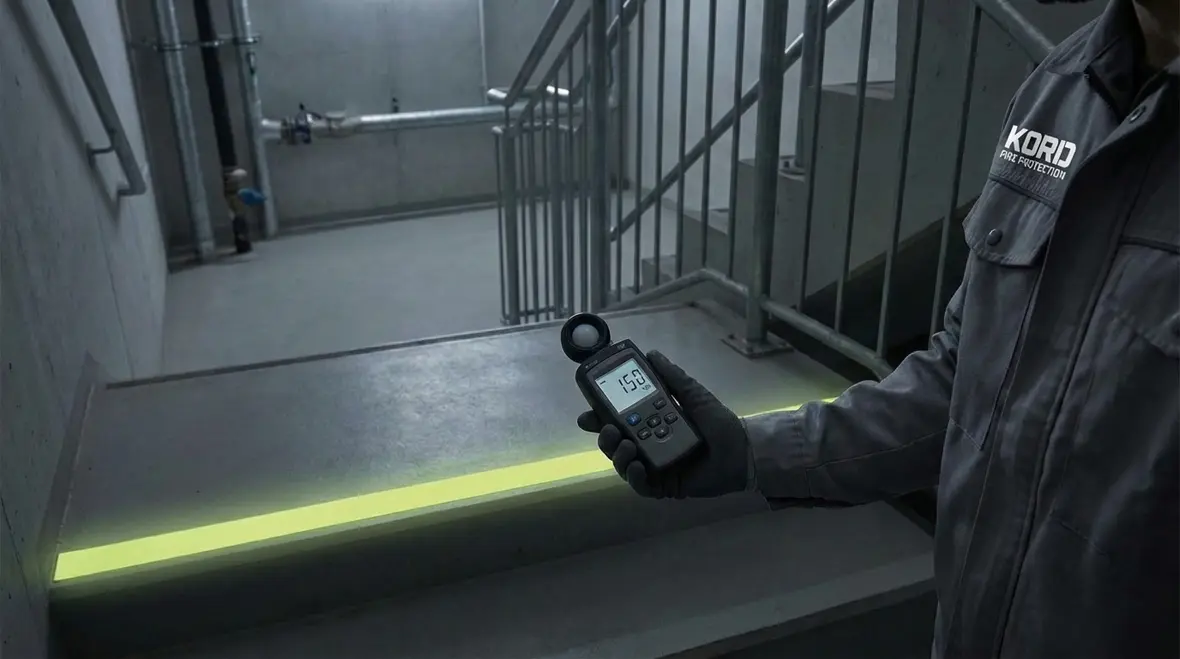 Technician inspecting photoluminescent egress system for luminance and placement