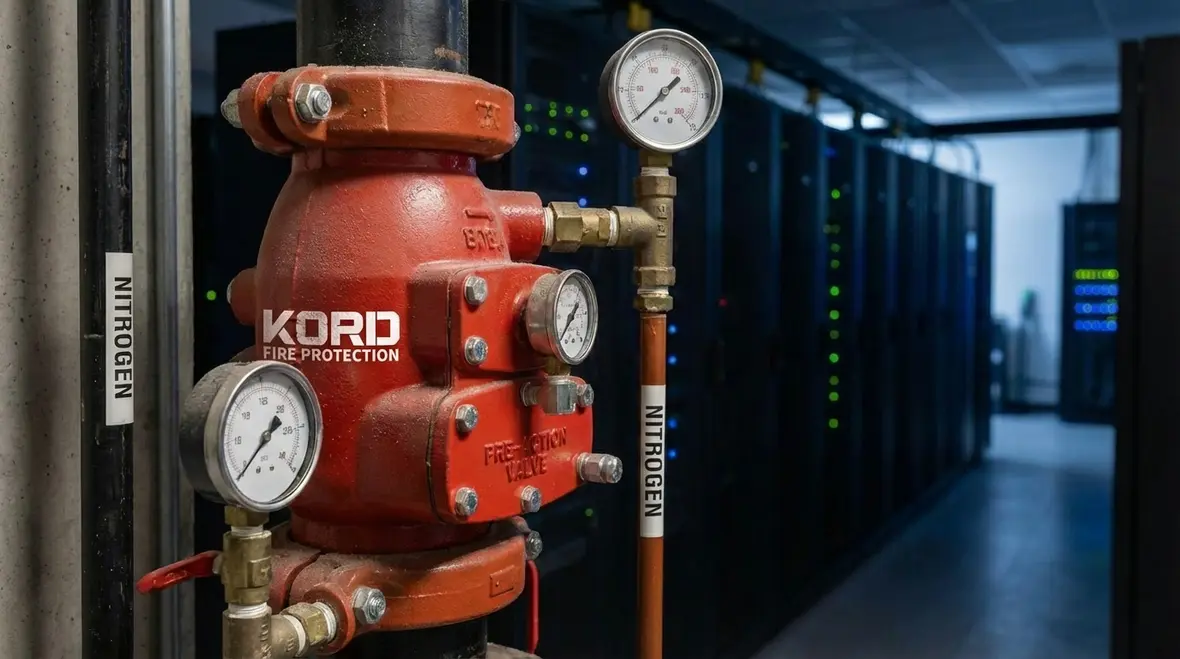 Technician reviewing a pre action fire sprinkler riser for a data center