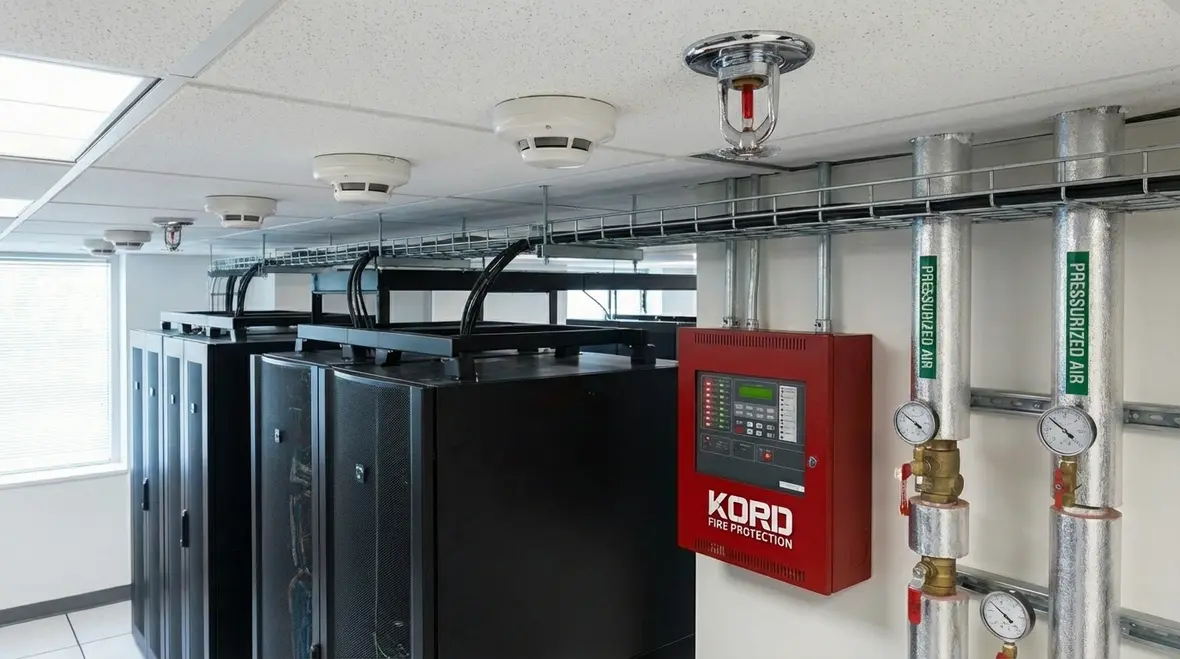 Los Angeles data center aisle protected by pre action sprinklers