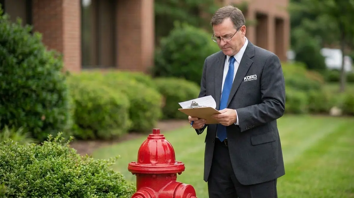 Technician performing private fire hydrant inspection