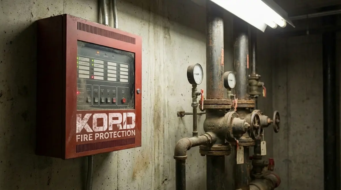 Technician inspecting fire alarm and sprinkler riser