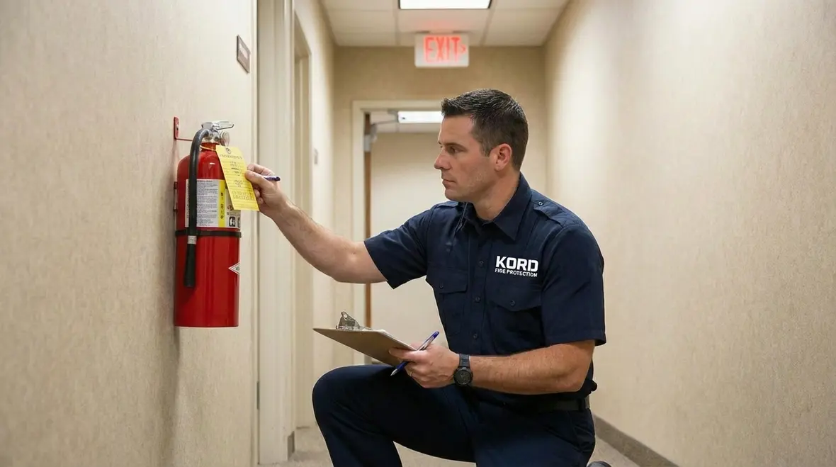 Property manager walking through building for fire code compliance