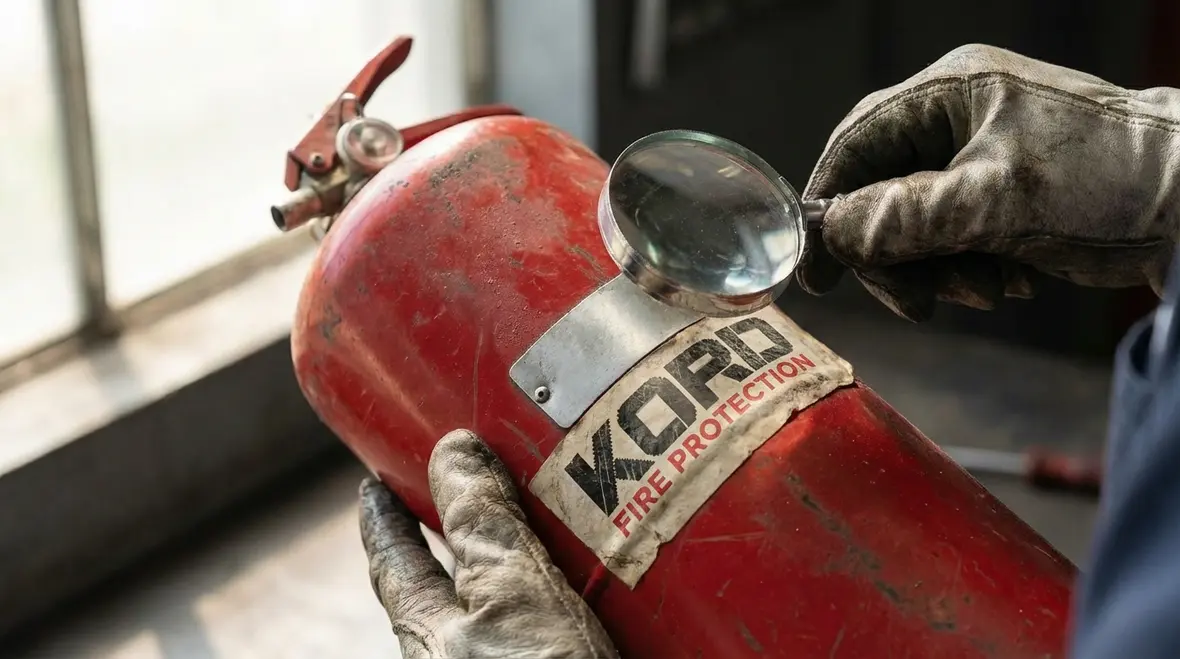Row of labeled fire extinguishers ready for hydrostatic interval testing