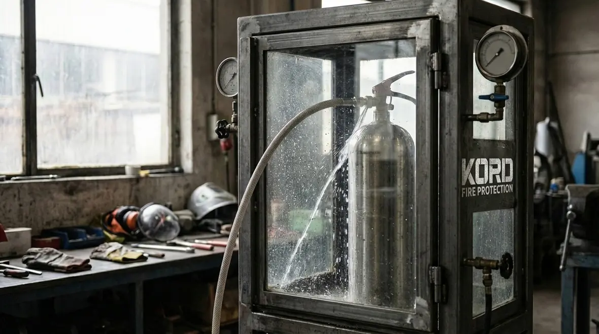 Technician preparing fire extinguisher for hydrostatic testing