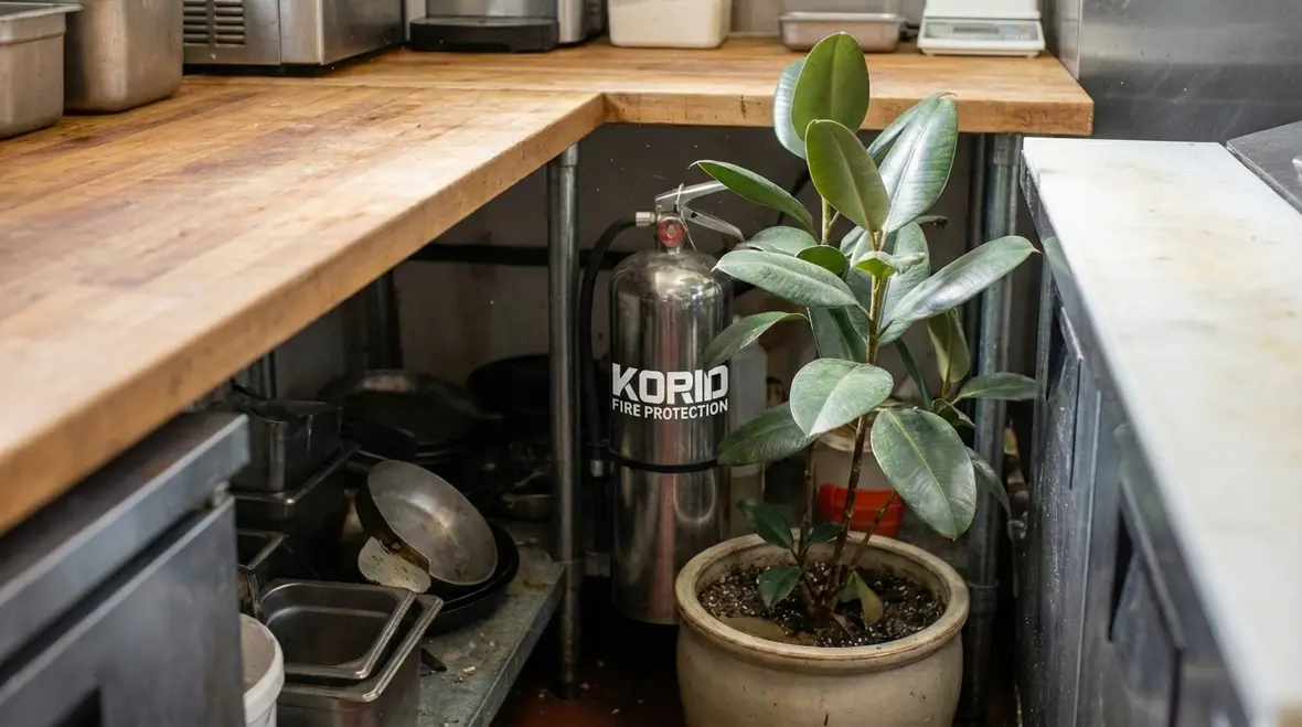 Restaurant fire safety compliance checklist on clipboard in commercial kitchen