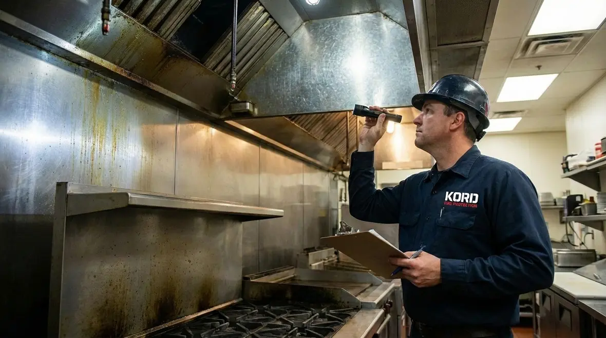 Commercial kitchen hood and fire suppression system over cooking line