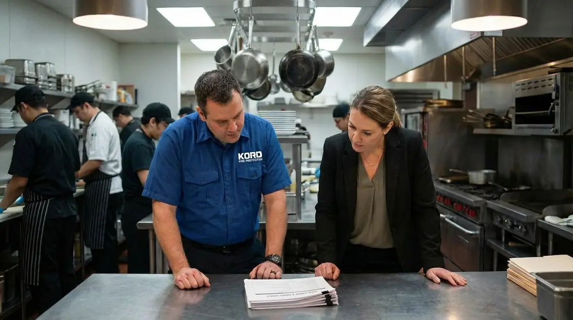 Busy commercial restaurant kitchen with active fire safety systems